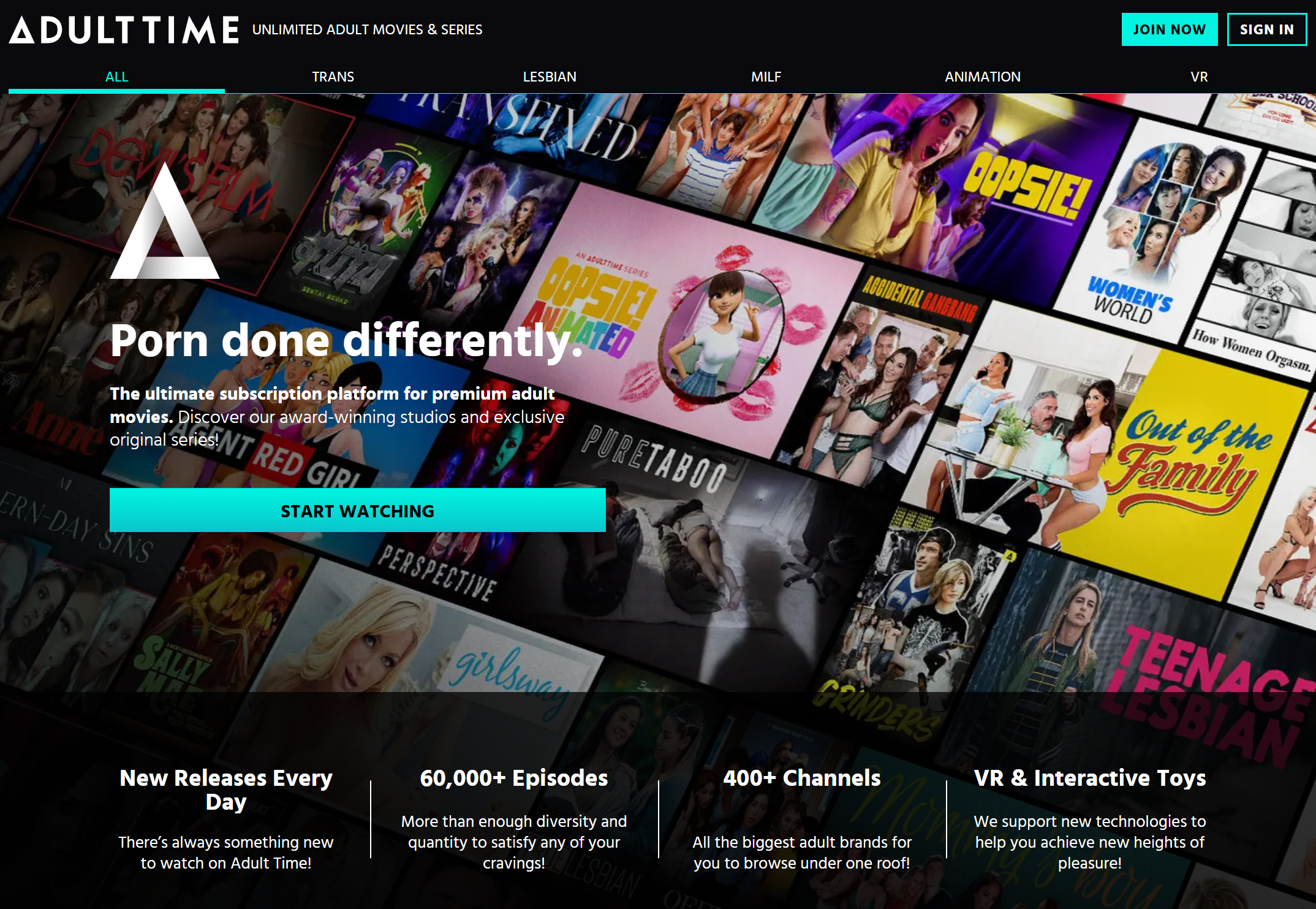 Adult Time homepage with join now button categories 60000 episodes 400 channels VR and interactive toys