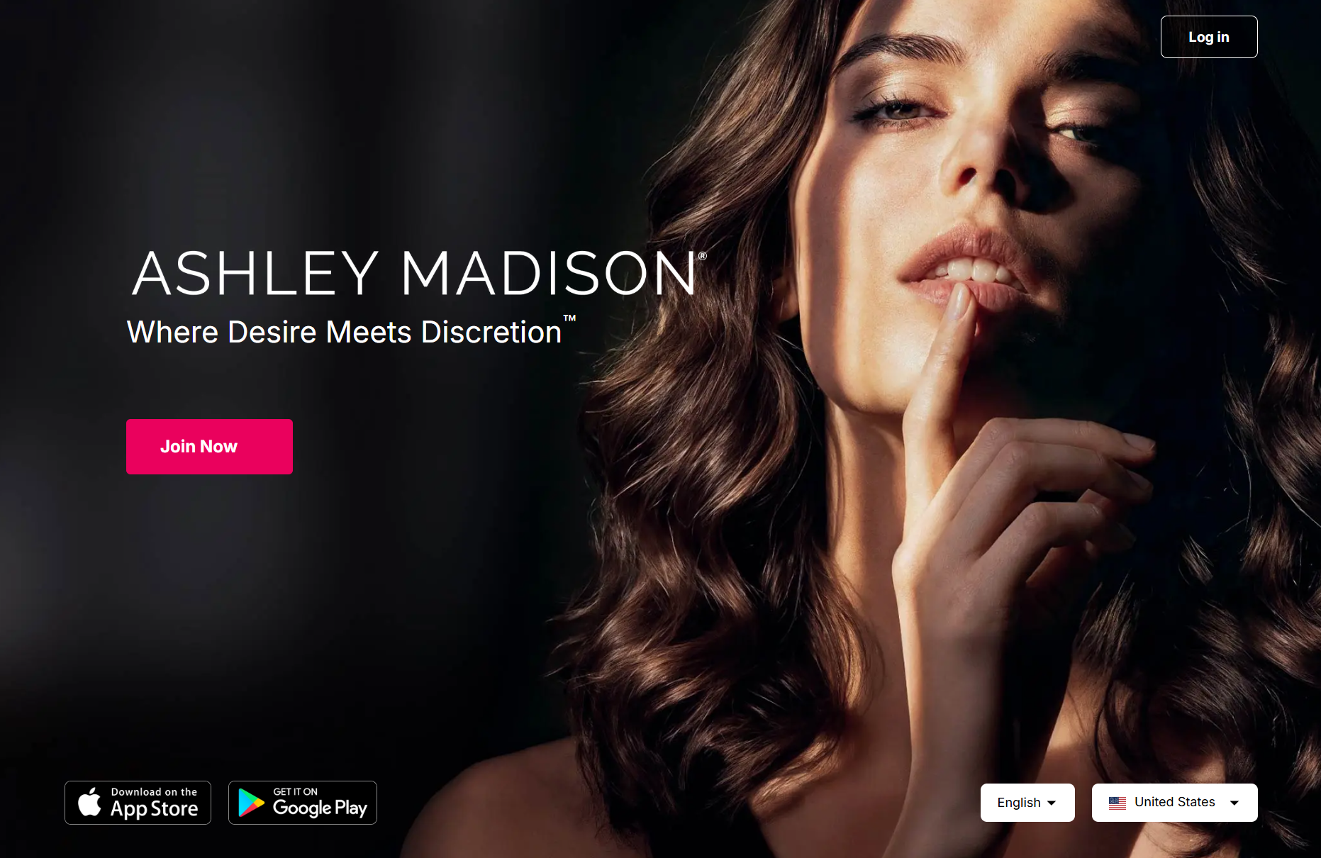 Ashley Madison 2026 homepage with Where Desire Meets Discretion branding and Join Now button