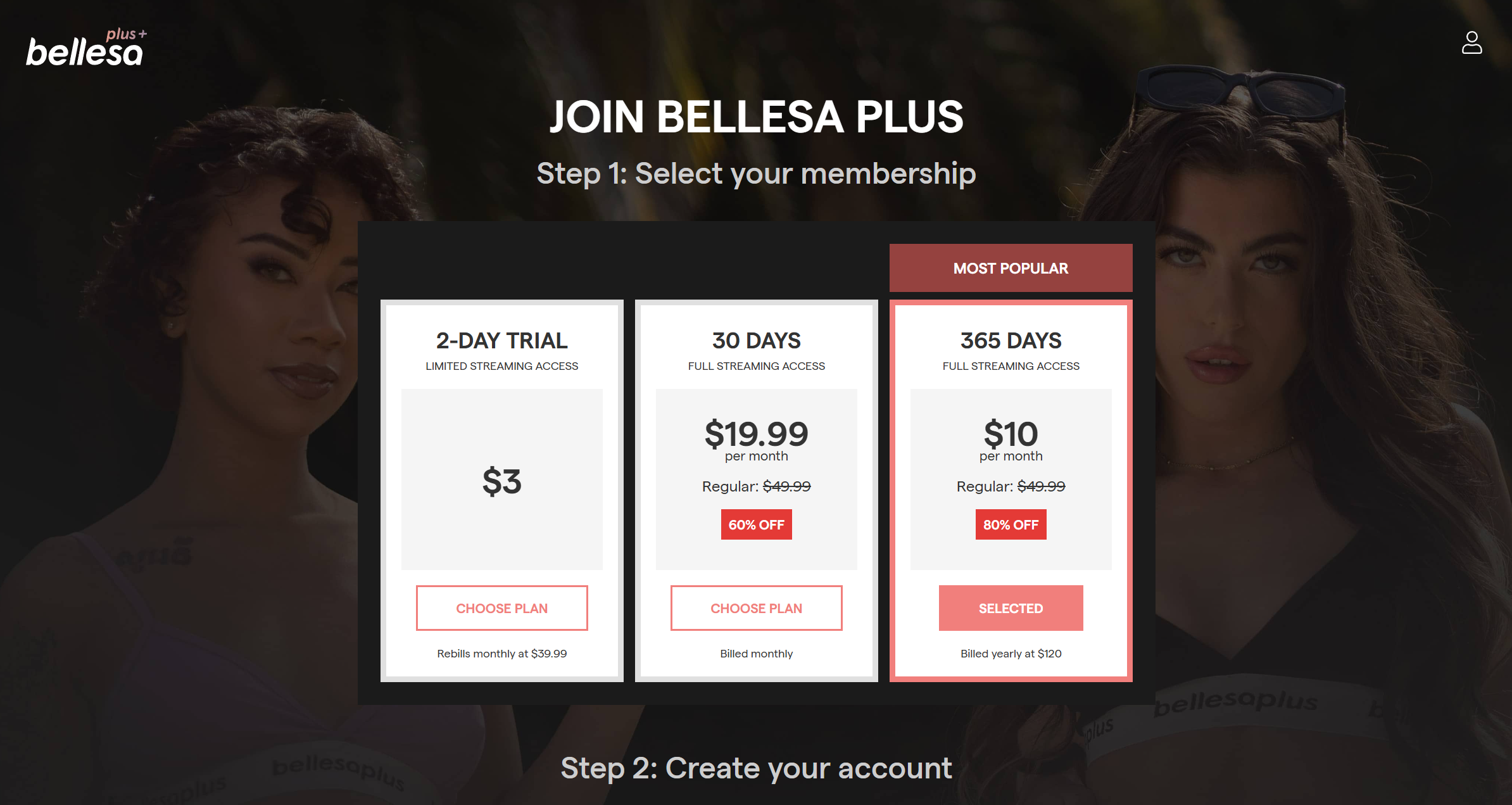 Bellesa Plus checkout showing trial monthly and annual membership plan cards
