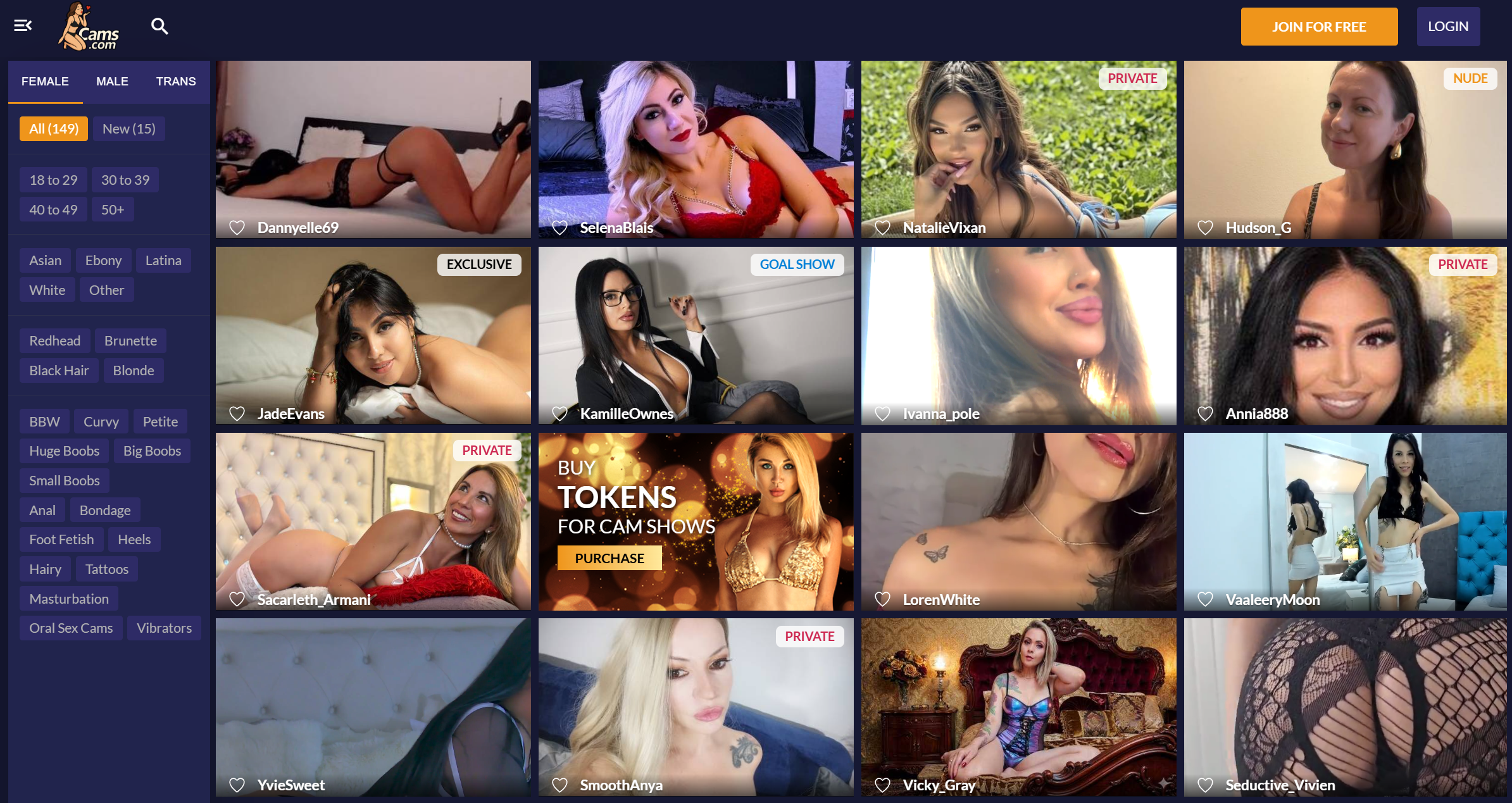 Cams.com homepage with live cam model grid, filters and join for free button