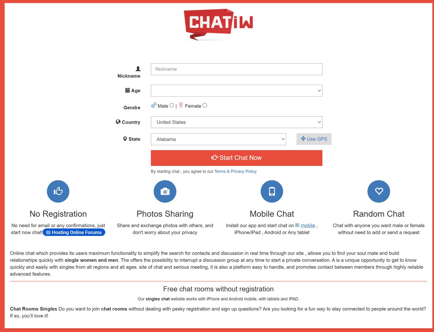 Chatiw entry form with nickname, age, gender, country, state and Start Chat Now button