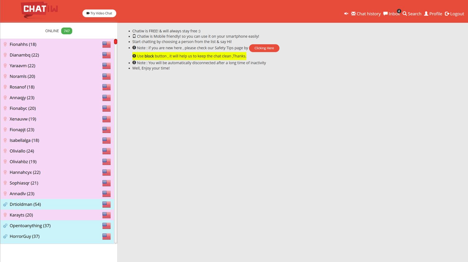 Chatiw text chat member list with country flags and safety notices