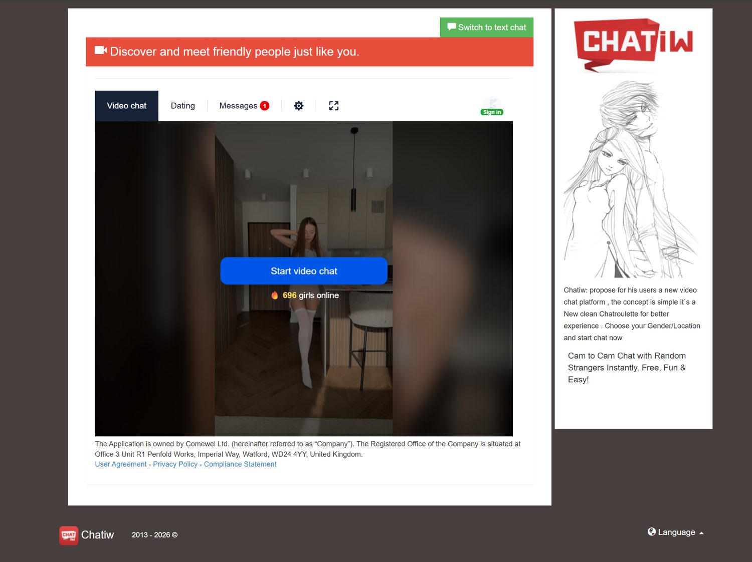 Chatiw-linked video chat interface with Start video chat button and text chat switch