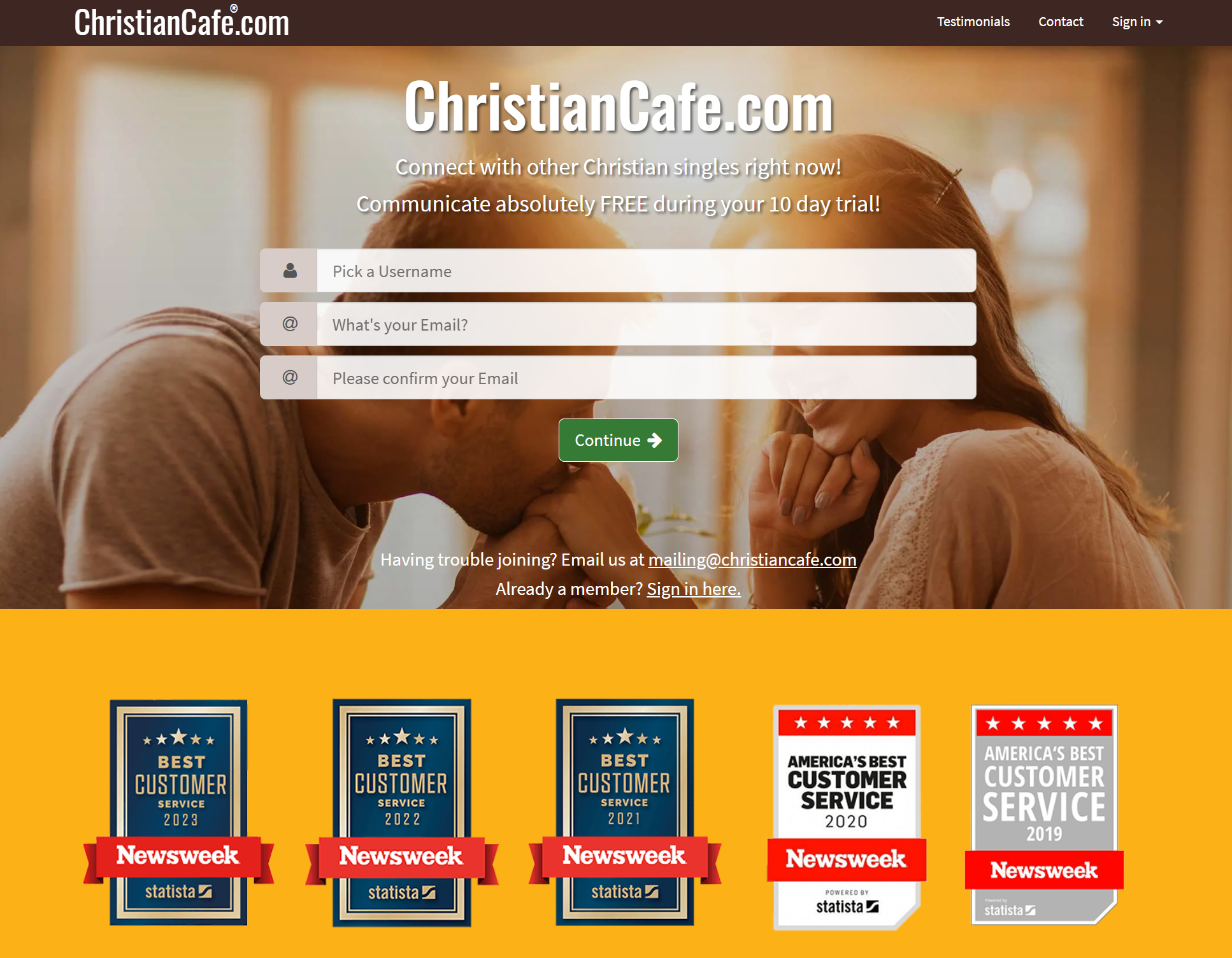 ChristianCafe homepage showing 10 day free trial and Newsweek customer service awards