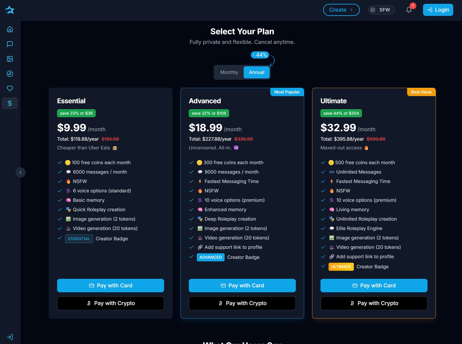 DarLink AI annual pricing with Essential Advanced and Ultimate plans