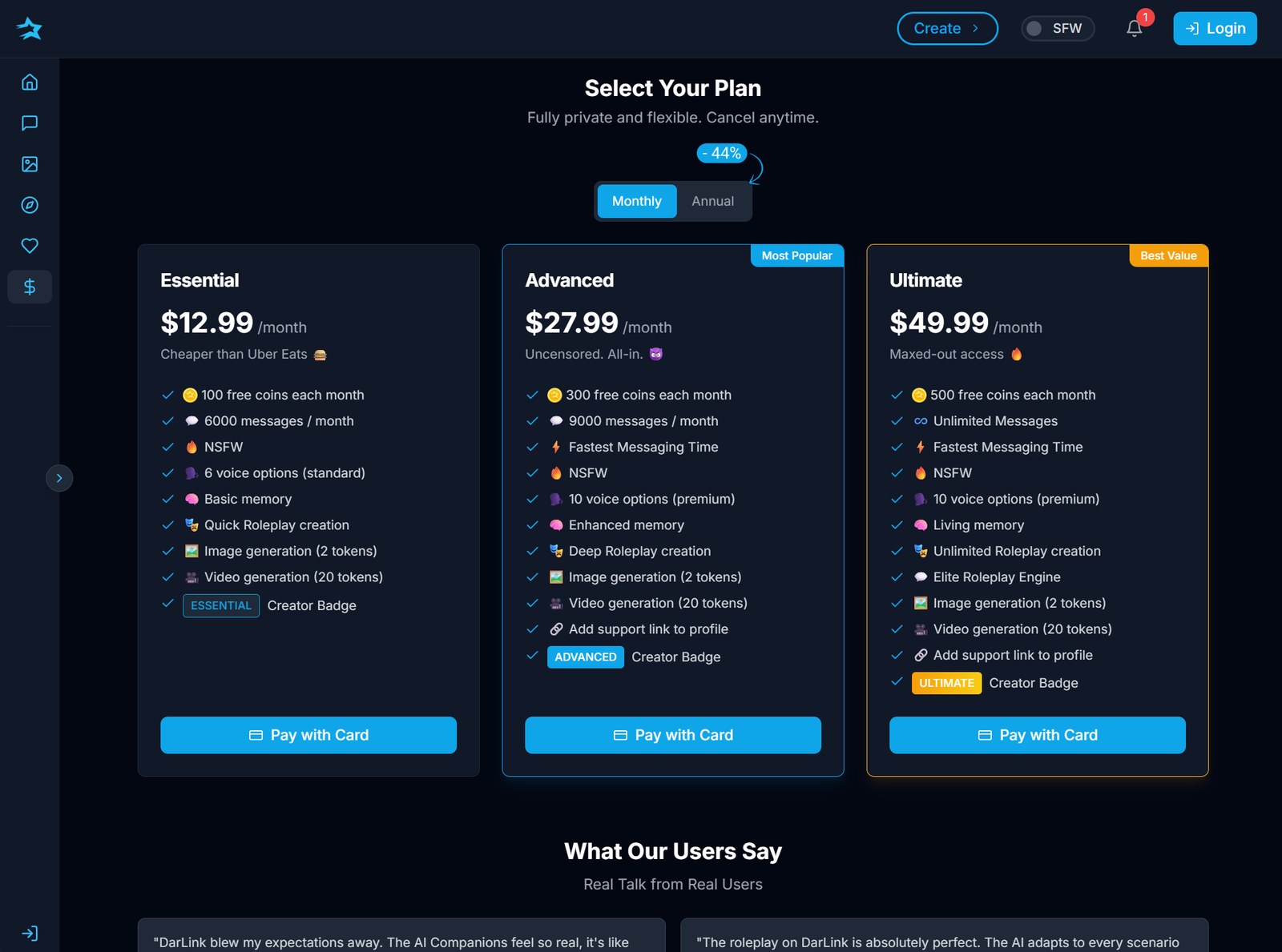 DarLink AI monthly pricing with Essential Advanced and Ultimate plans