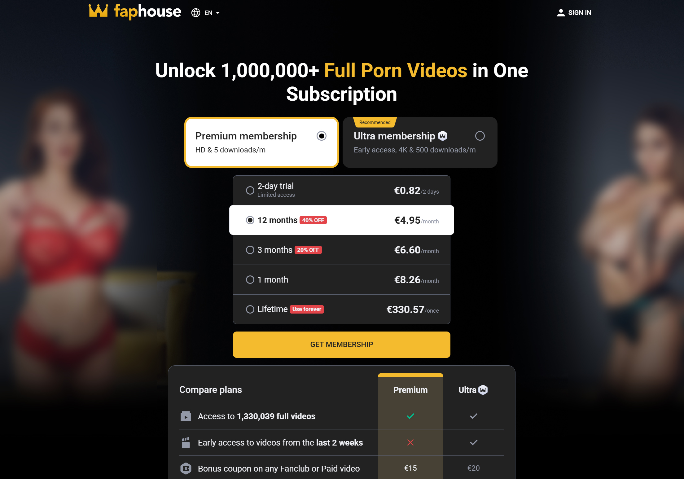 FapHouse membership page with Premium and Ultra plan comparison