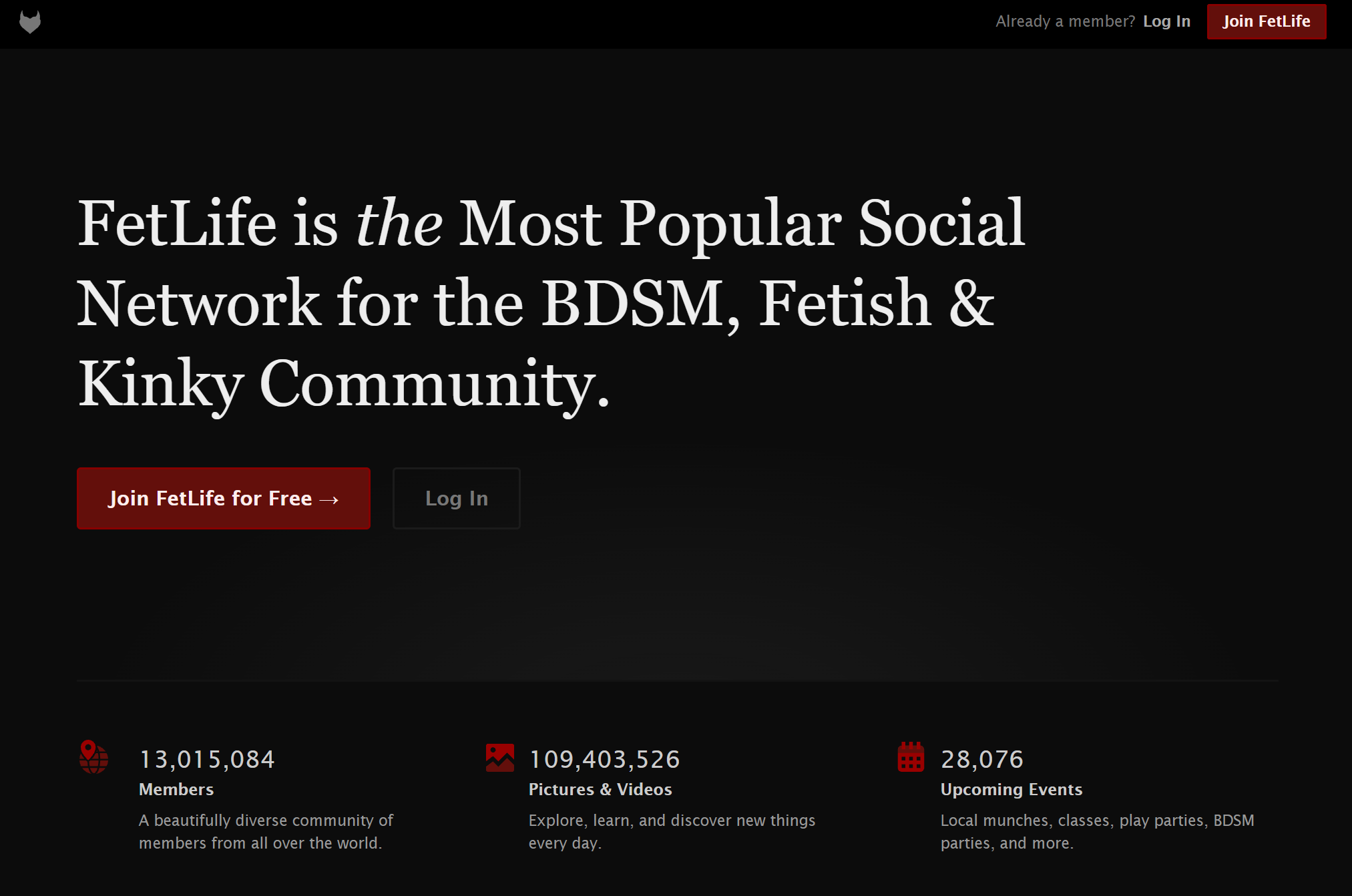FetLife public homepage showing community members, media and events