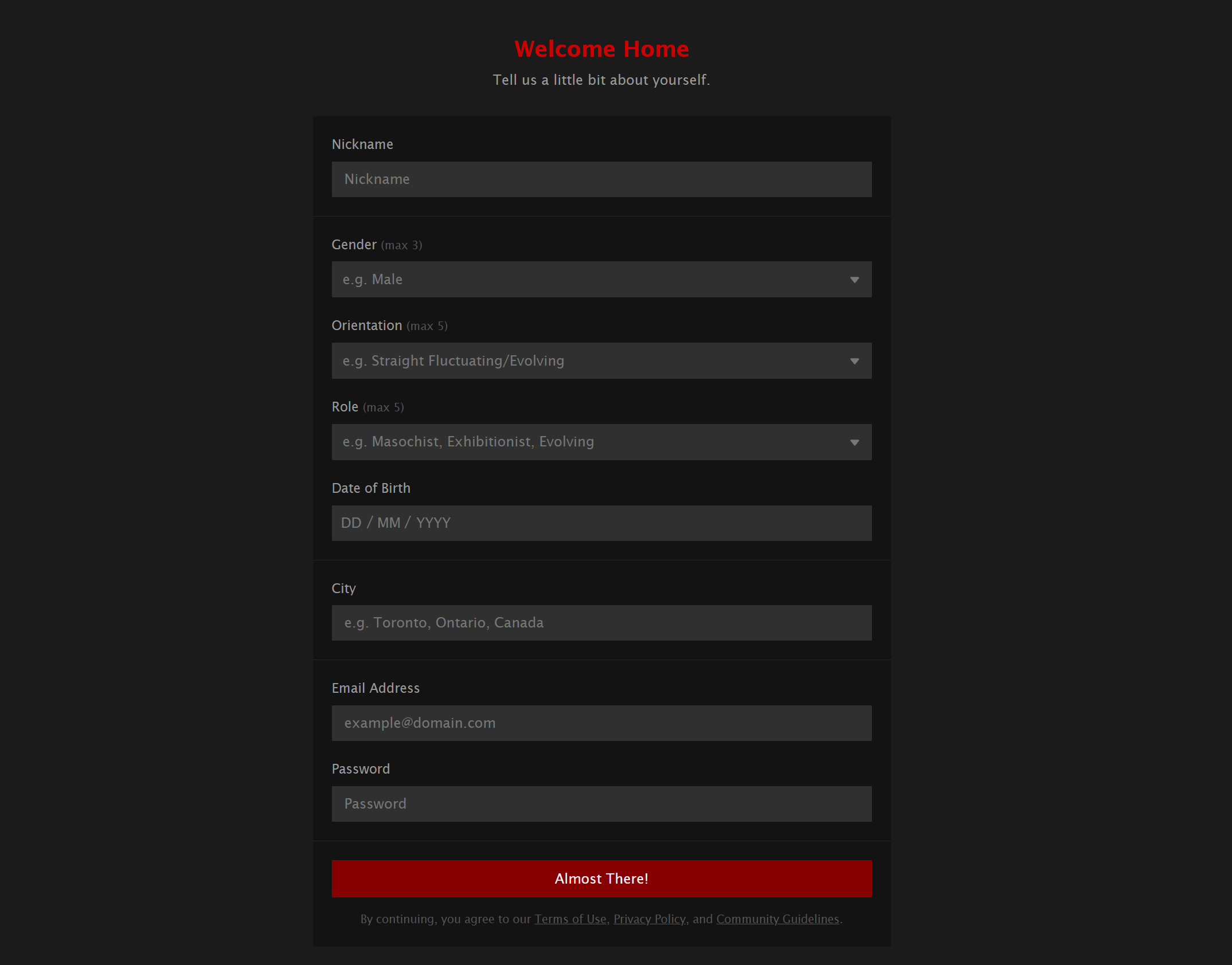 FetLife signup form with nickname, gender, orientation, role, birth date, city, email and password fields