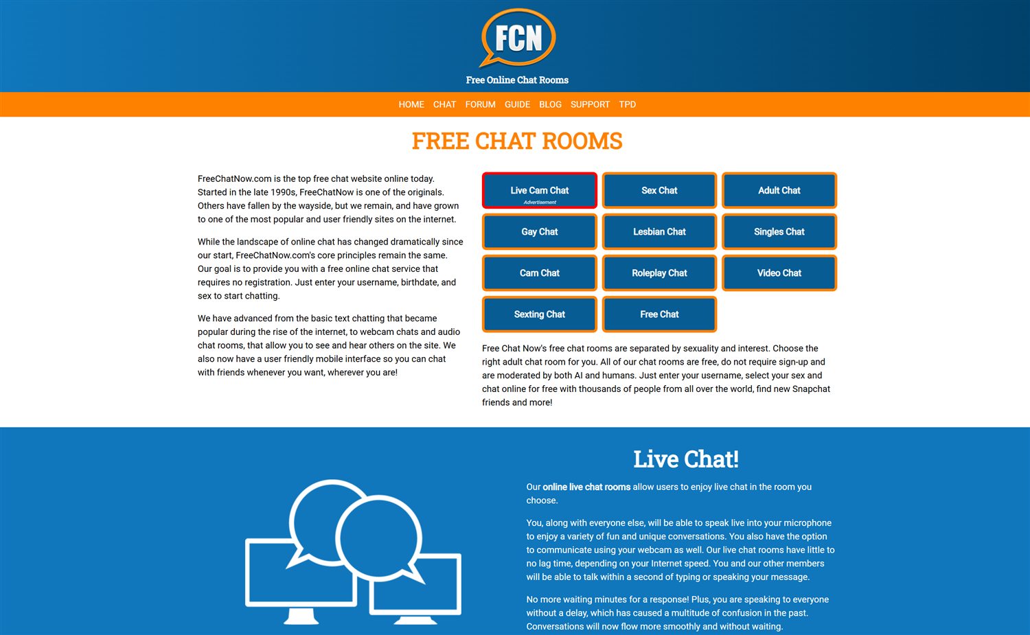 FreeChatNow homepage with free adult, sex, cam, roleplay, video and sexting chat rooms