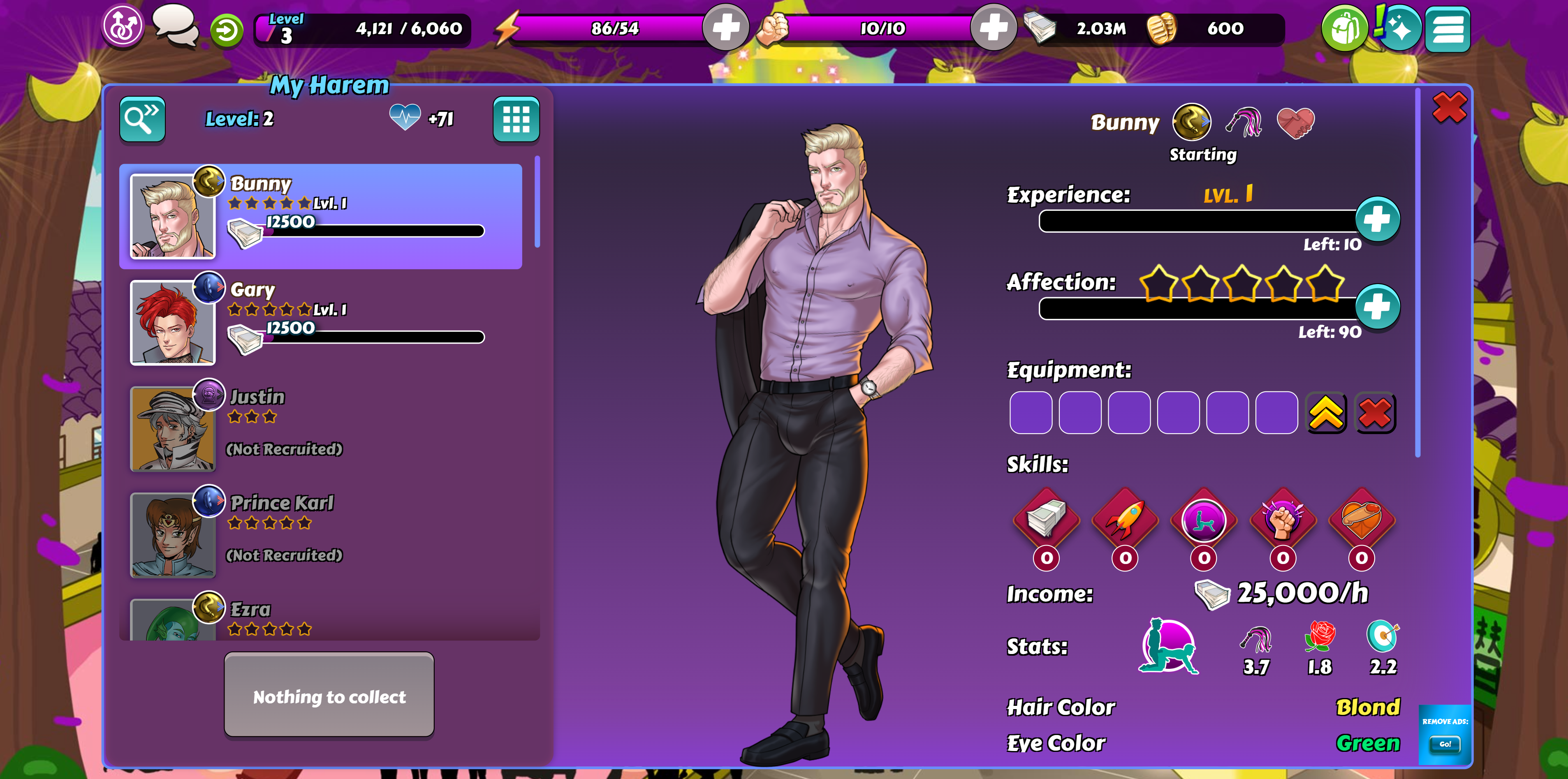 Gay Harem harem management screen with Bunny stats
