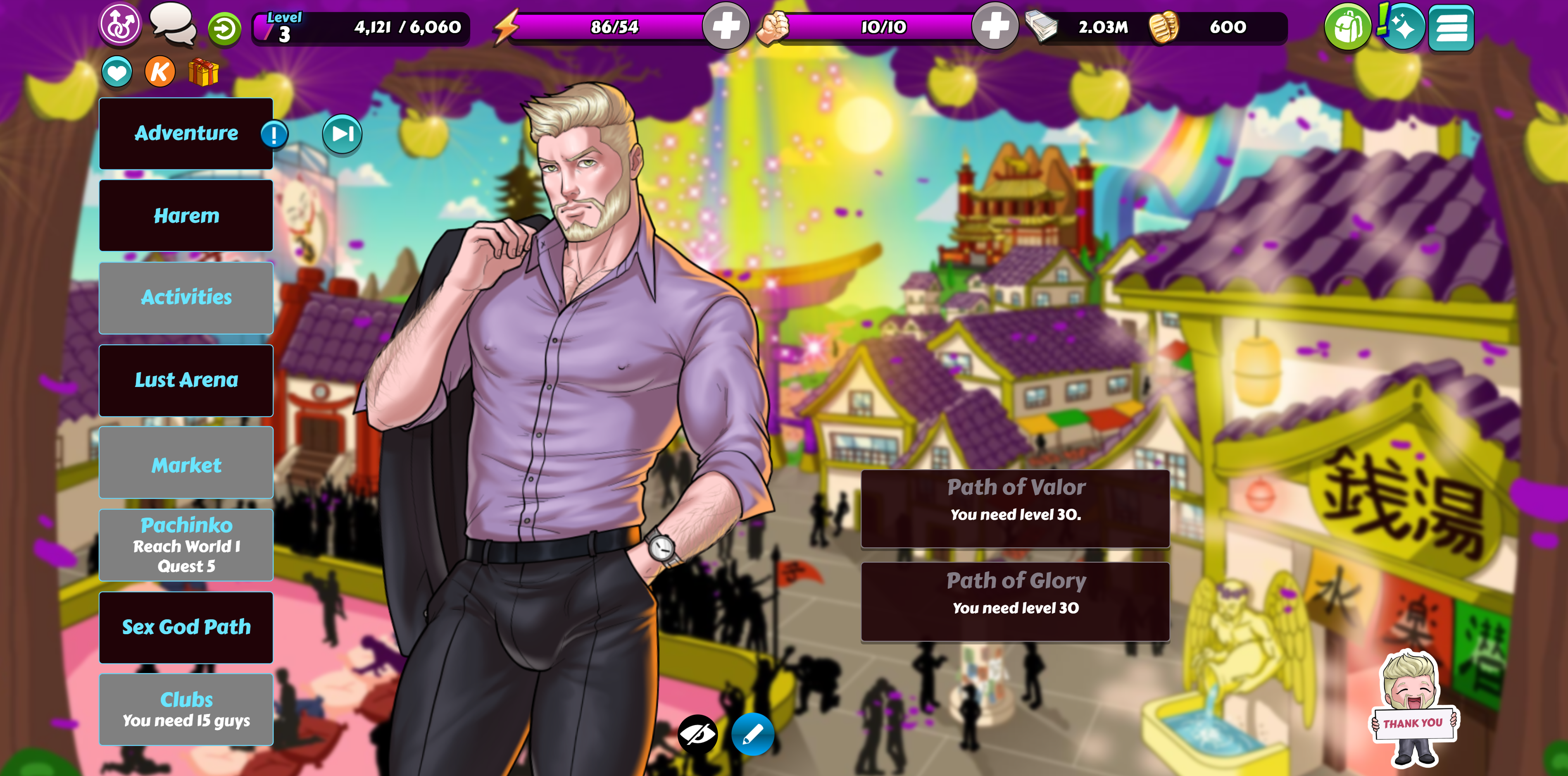 Gay Harem town gameplay screen with adventure and harem menu