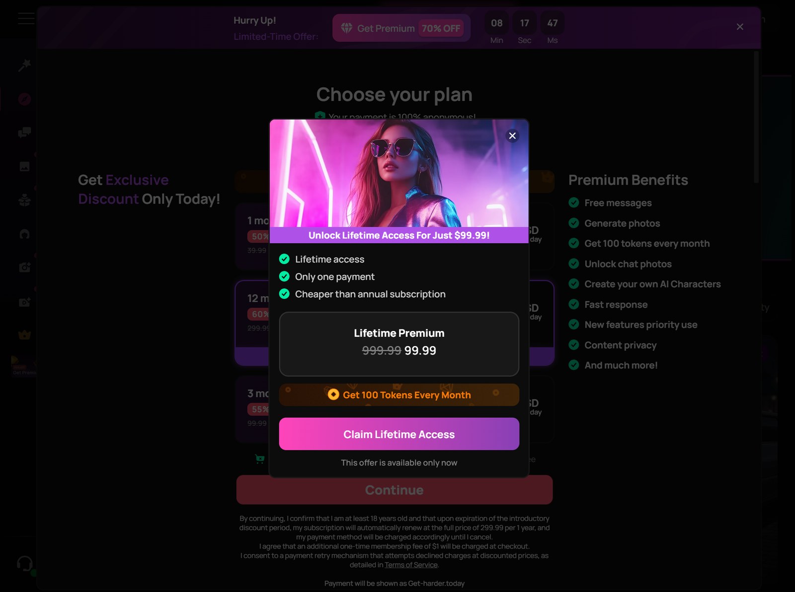 Get-Harder lifetime premium offer popup for one-time lifetime access
