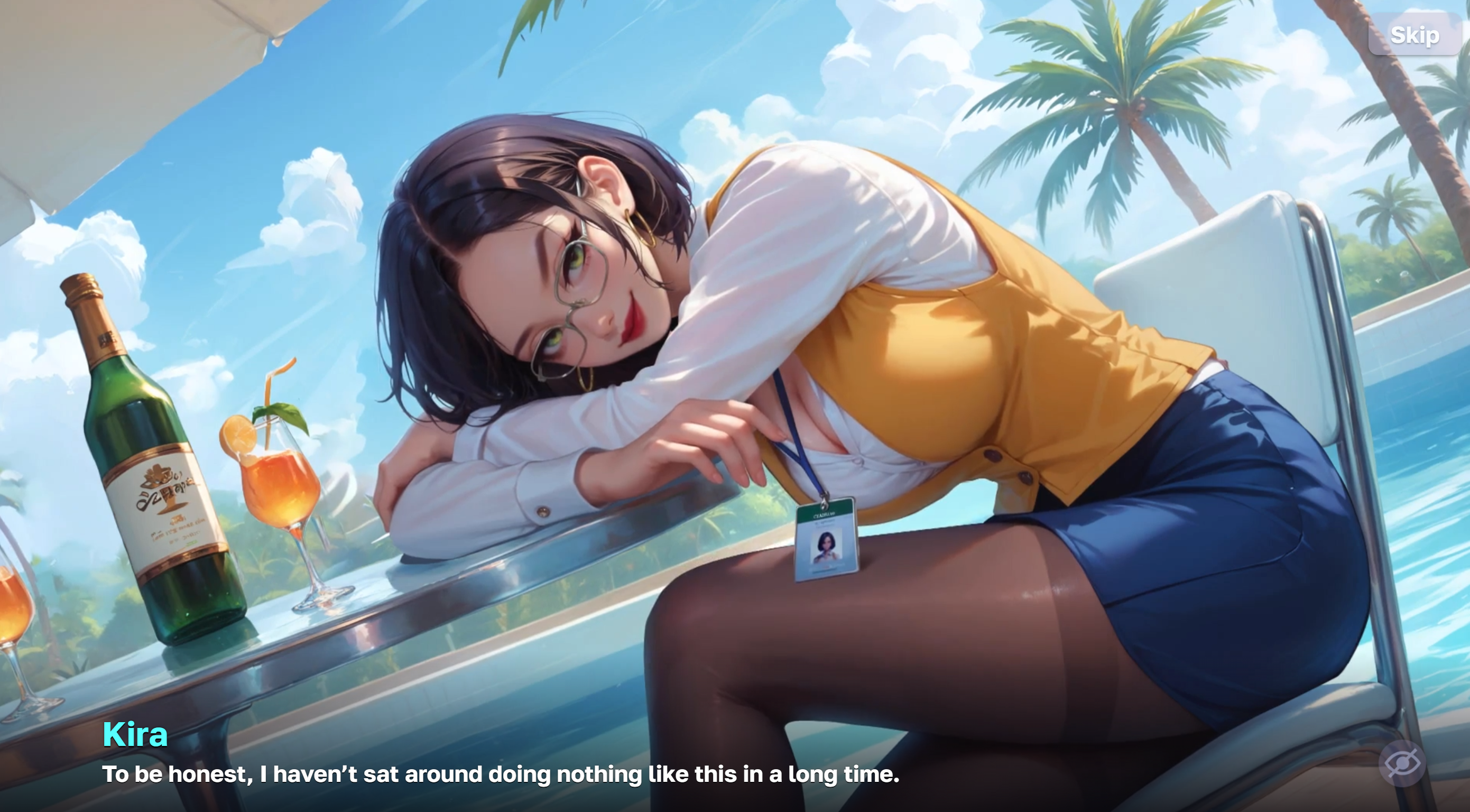 Harem Villa gameplay scene with Kira at a poolside villa