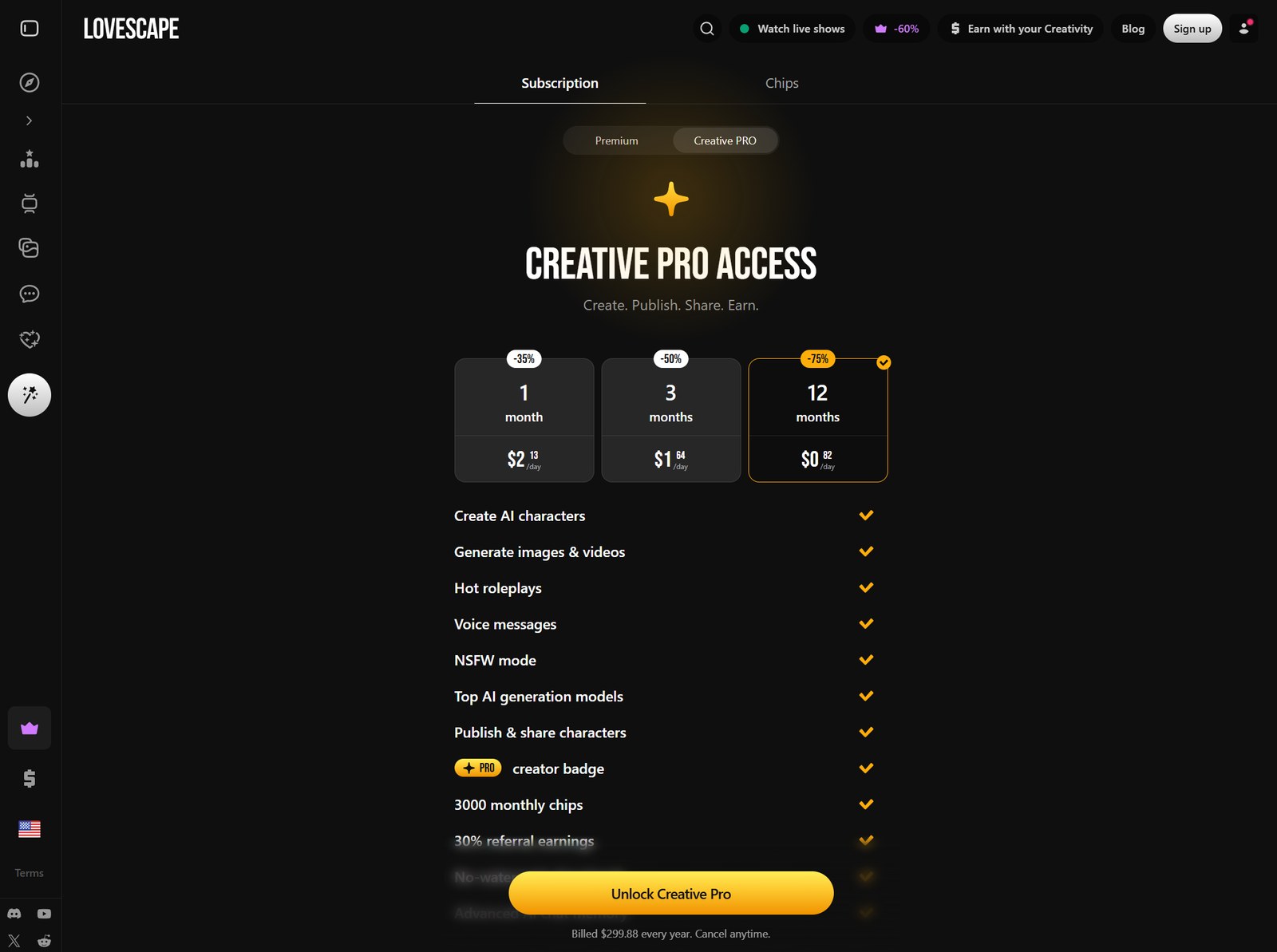 Lovescape Creative Pro pricing with one month three month and twelve month plans and creator benefits