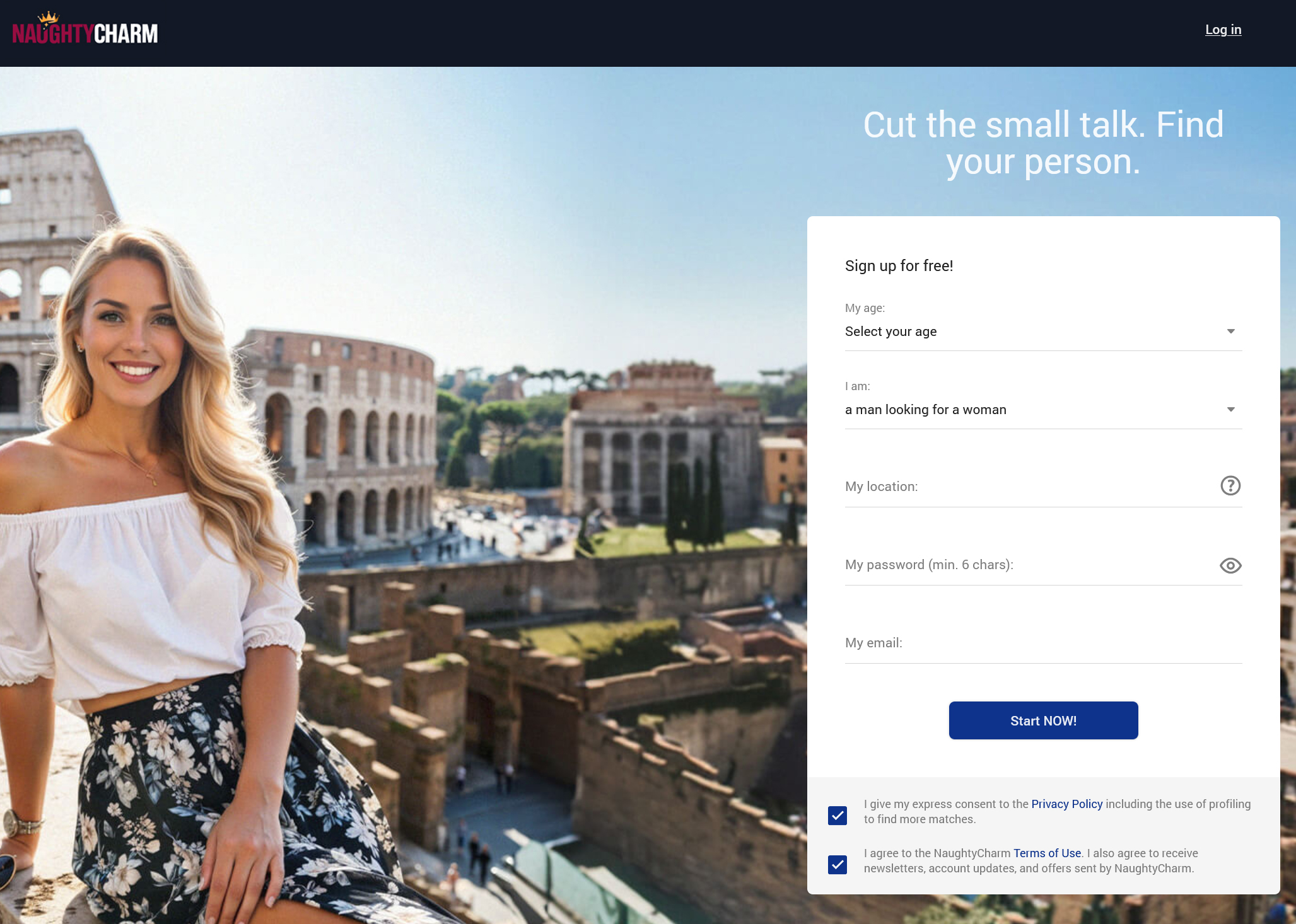 NaughtyCharm homepage showing free signup form and casual dating onboarding