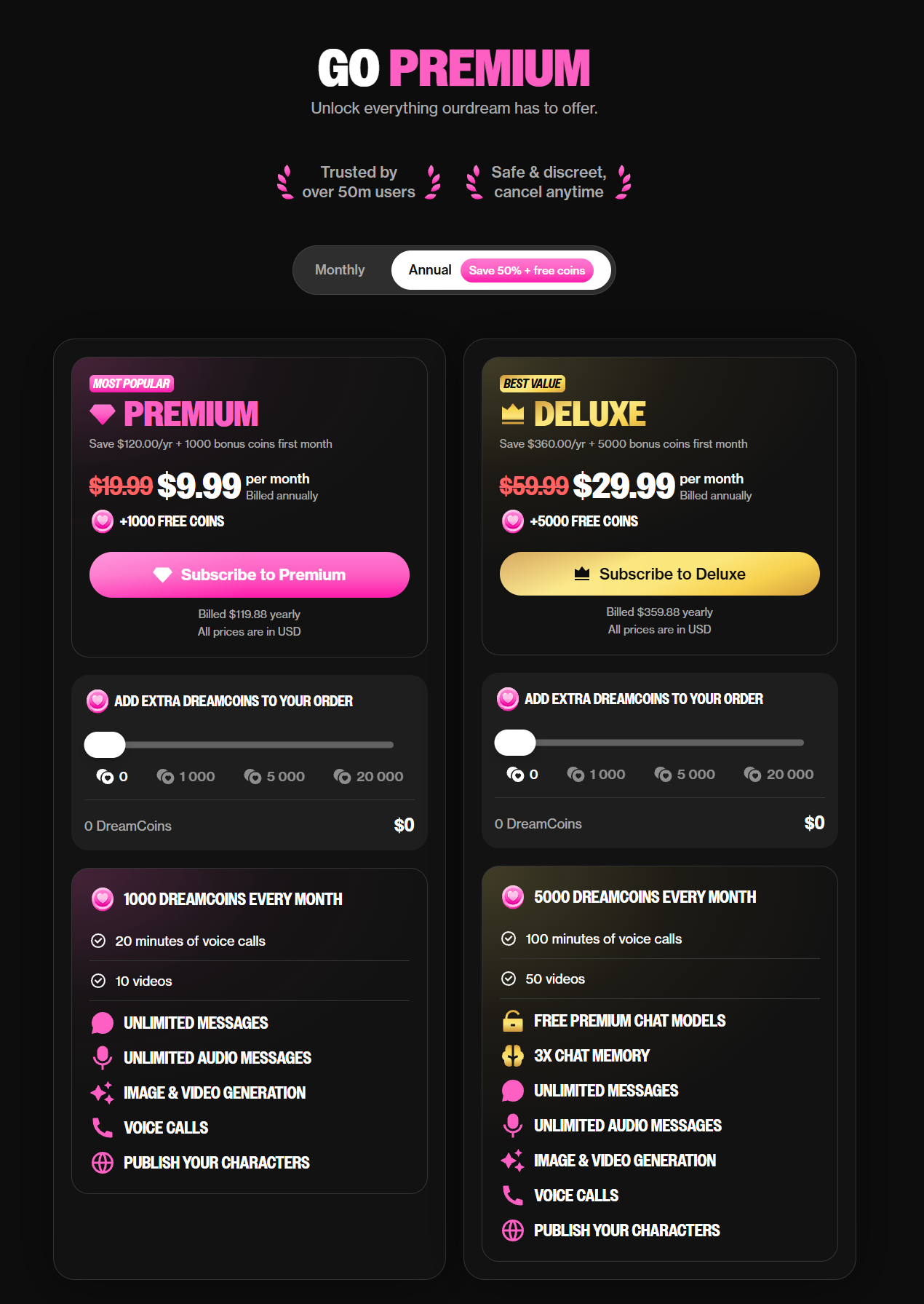 OurDream AI Premium and Deluxe annual pricing OurDream AI annual Premium and Deluxe pricing with DreamCoins, voice calls, videos, and billing totals
