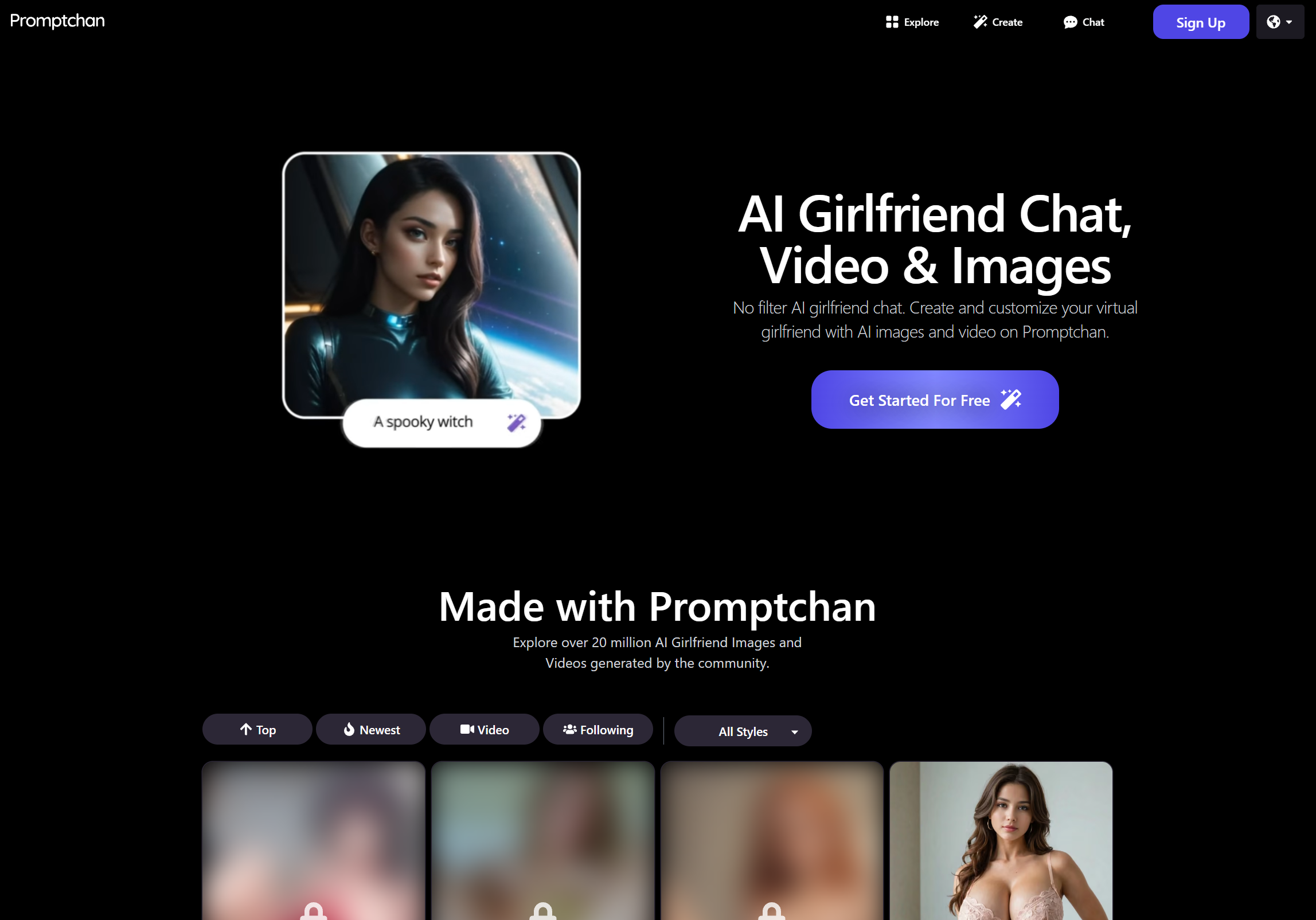 Promptchan homepage with AI Girlfriend Chat, Video and Images heading and free signup button