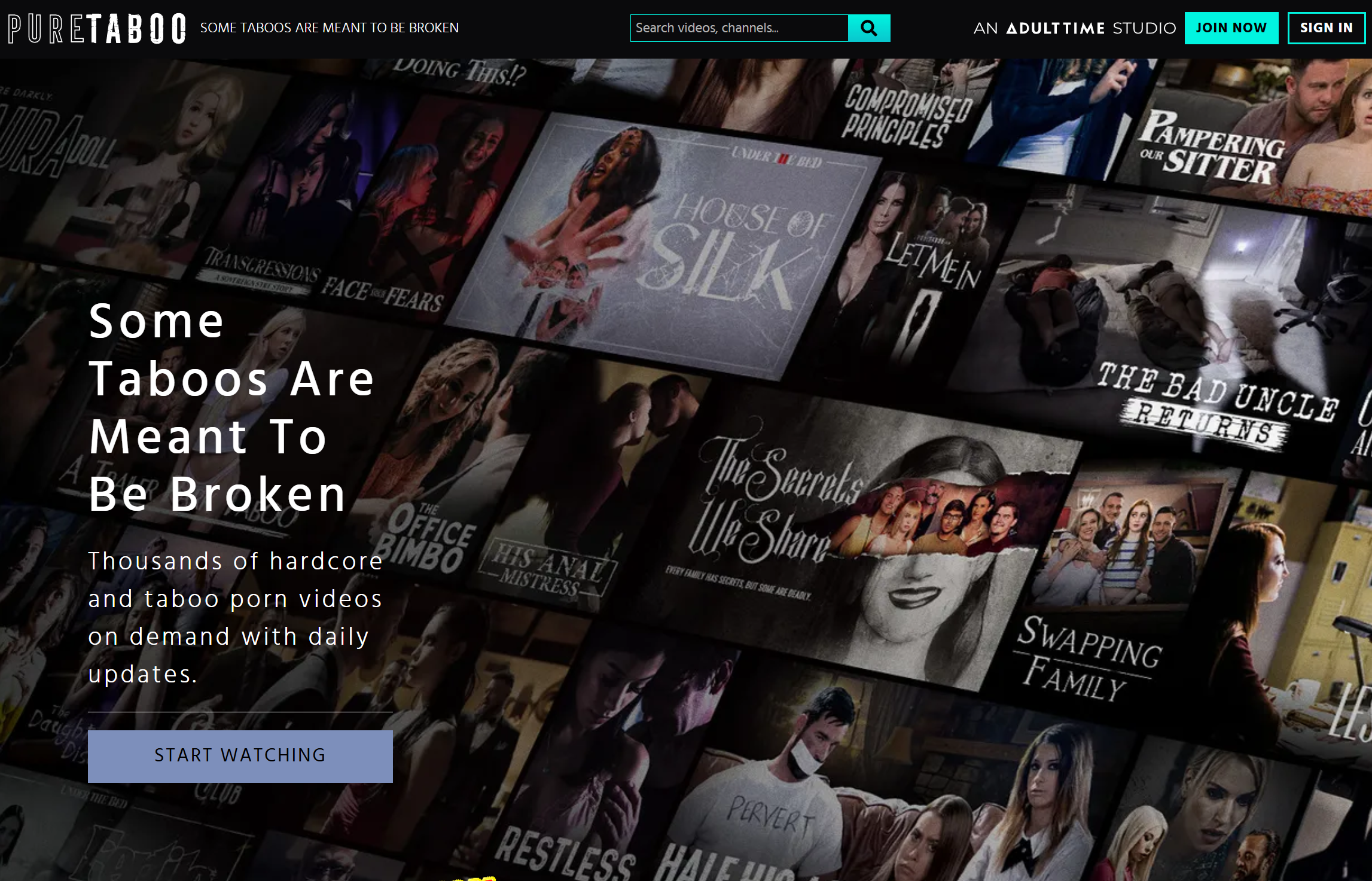 PureTaboo homepage with Adult Time Studio branding search join controls taboo-themed originals and daily-update messaging