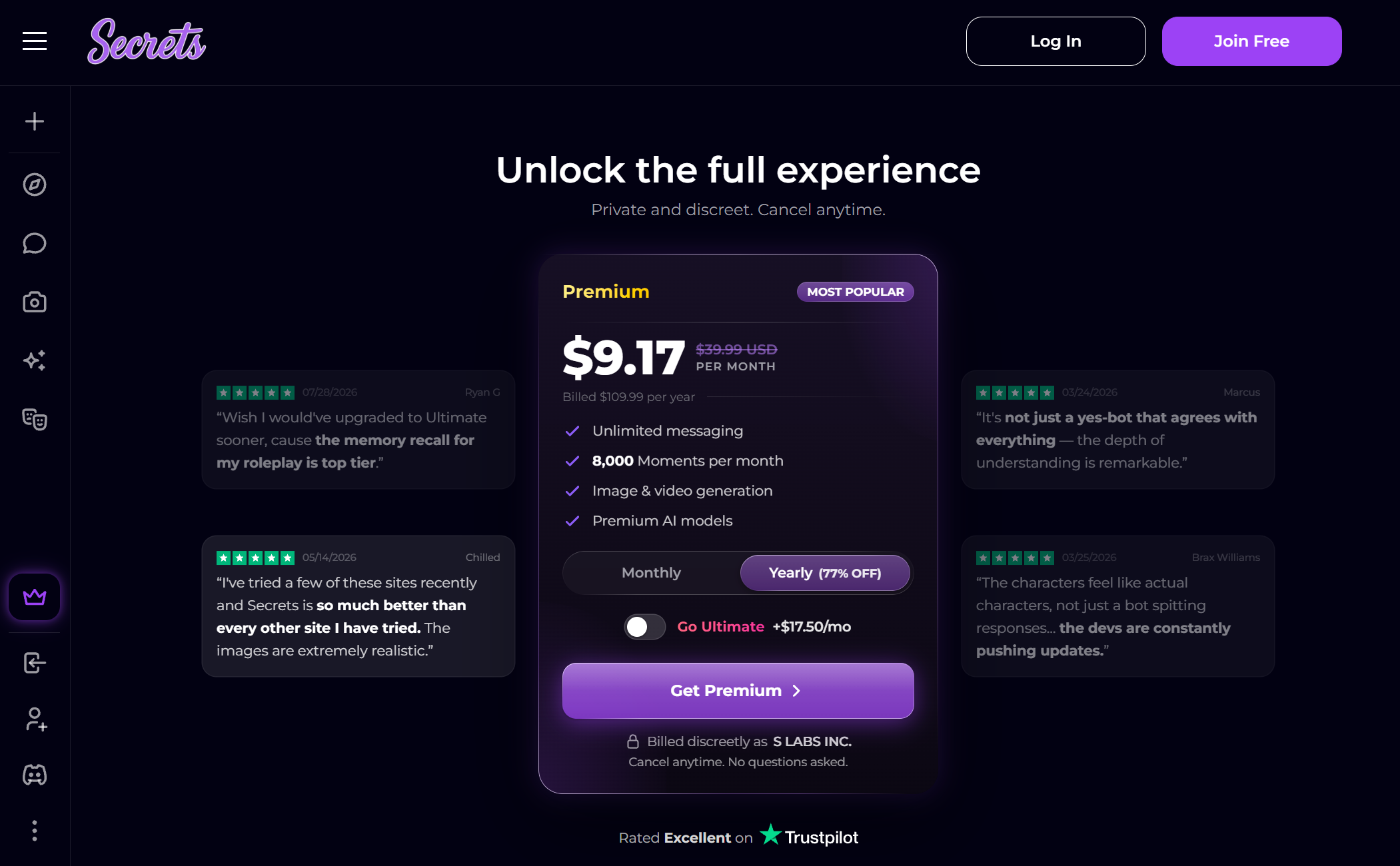 Secrets AI Premium and Ultimate pricing Secrets AI Premium annual pricing with 8000 Moments, image and video generation, premium models, and Ultimate toggle