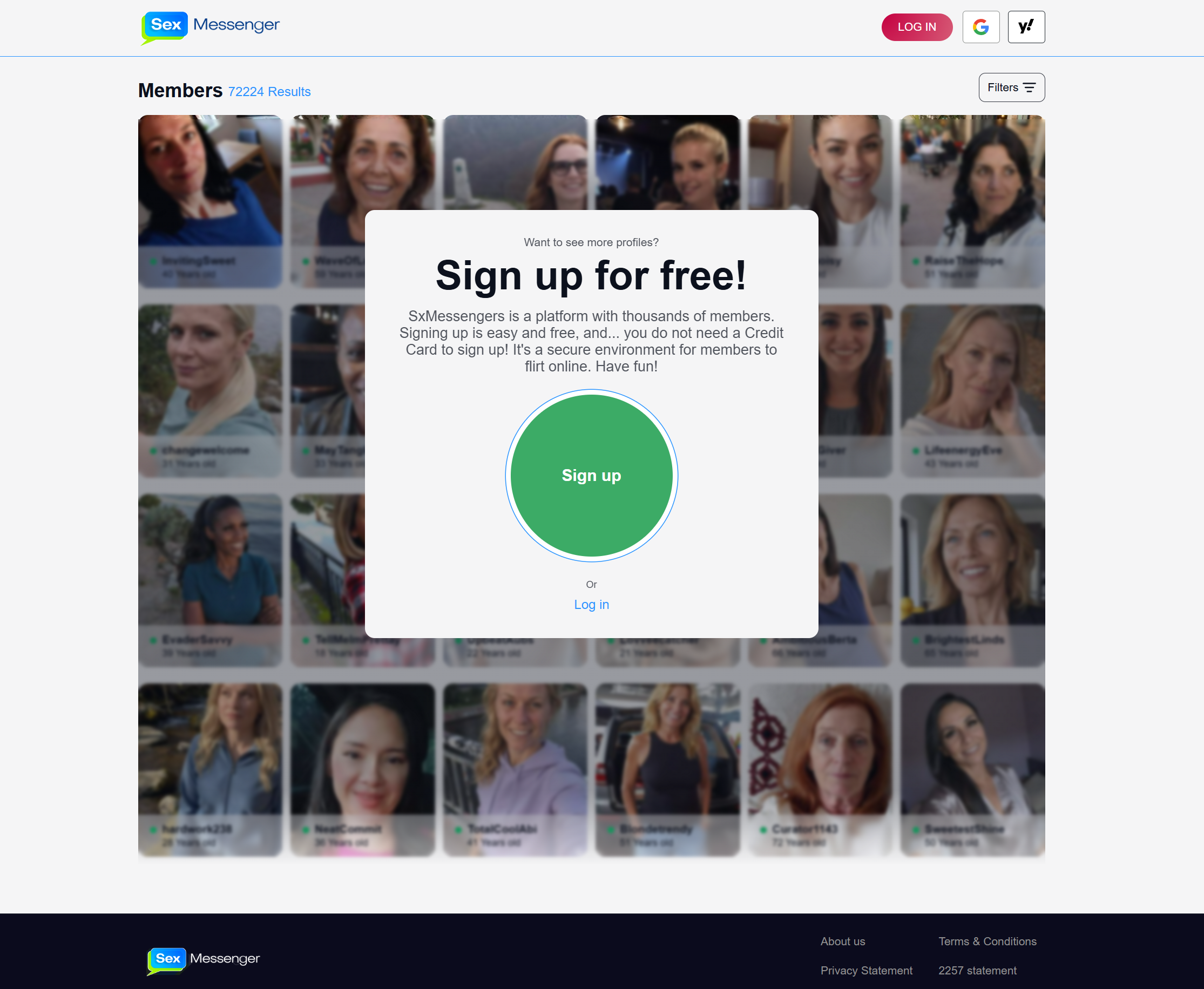 Sex Messenger member grid with free signup modal and no credit card signup message