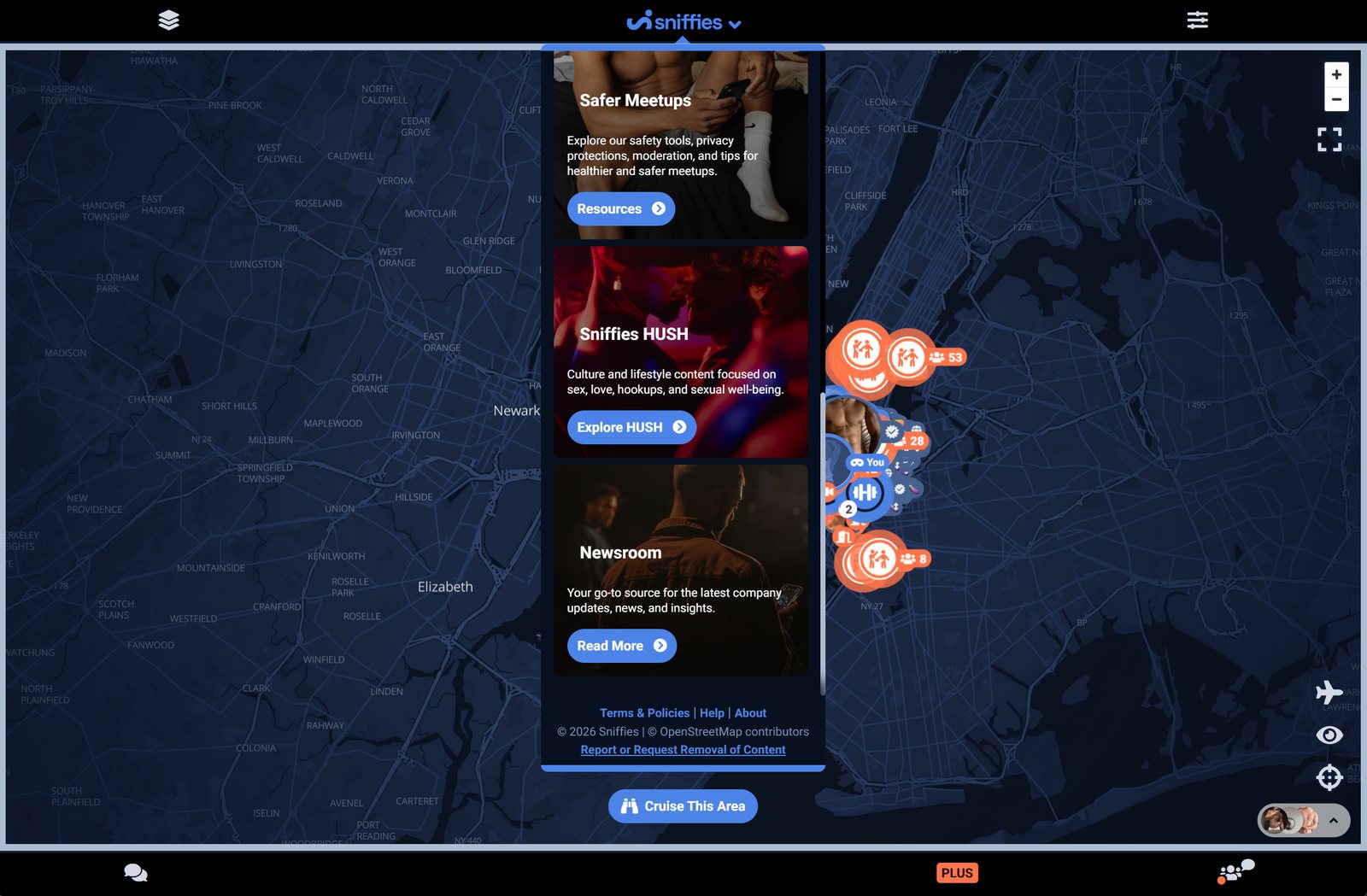 Sniffies live map interface with nearby activity markers and feature cards