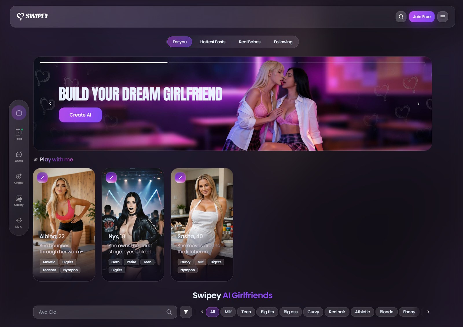 Dashboard Swipey con banner Build Your Dream Girlfriend