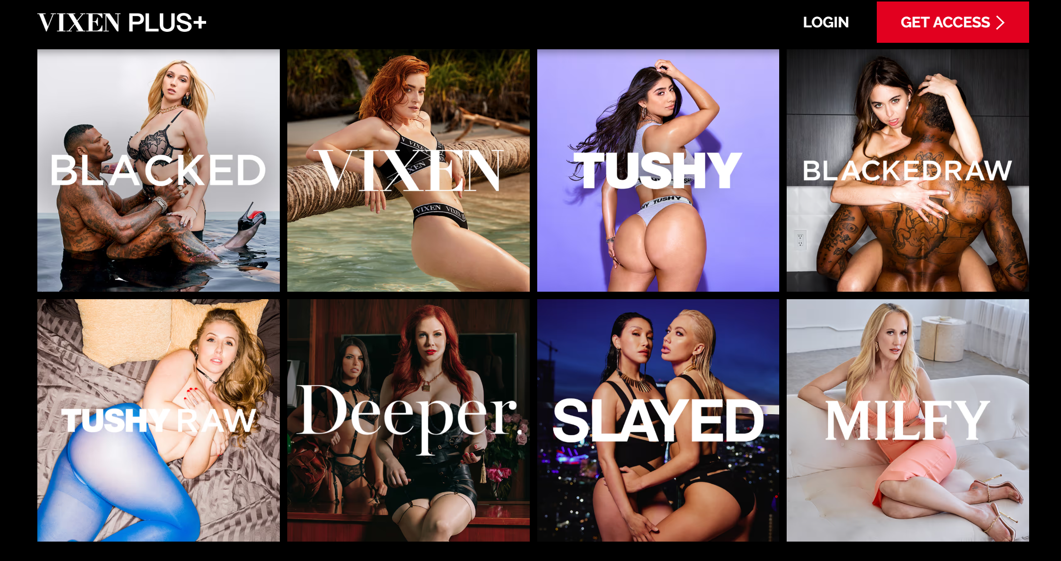 VIXEN PLUS homepage with Blacked Vixen Tushy BlackedRaw Tushy Raw Deeper Slayed and MILFY brand tiles