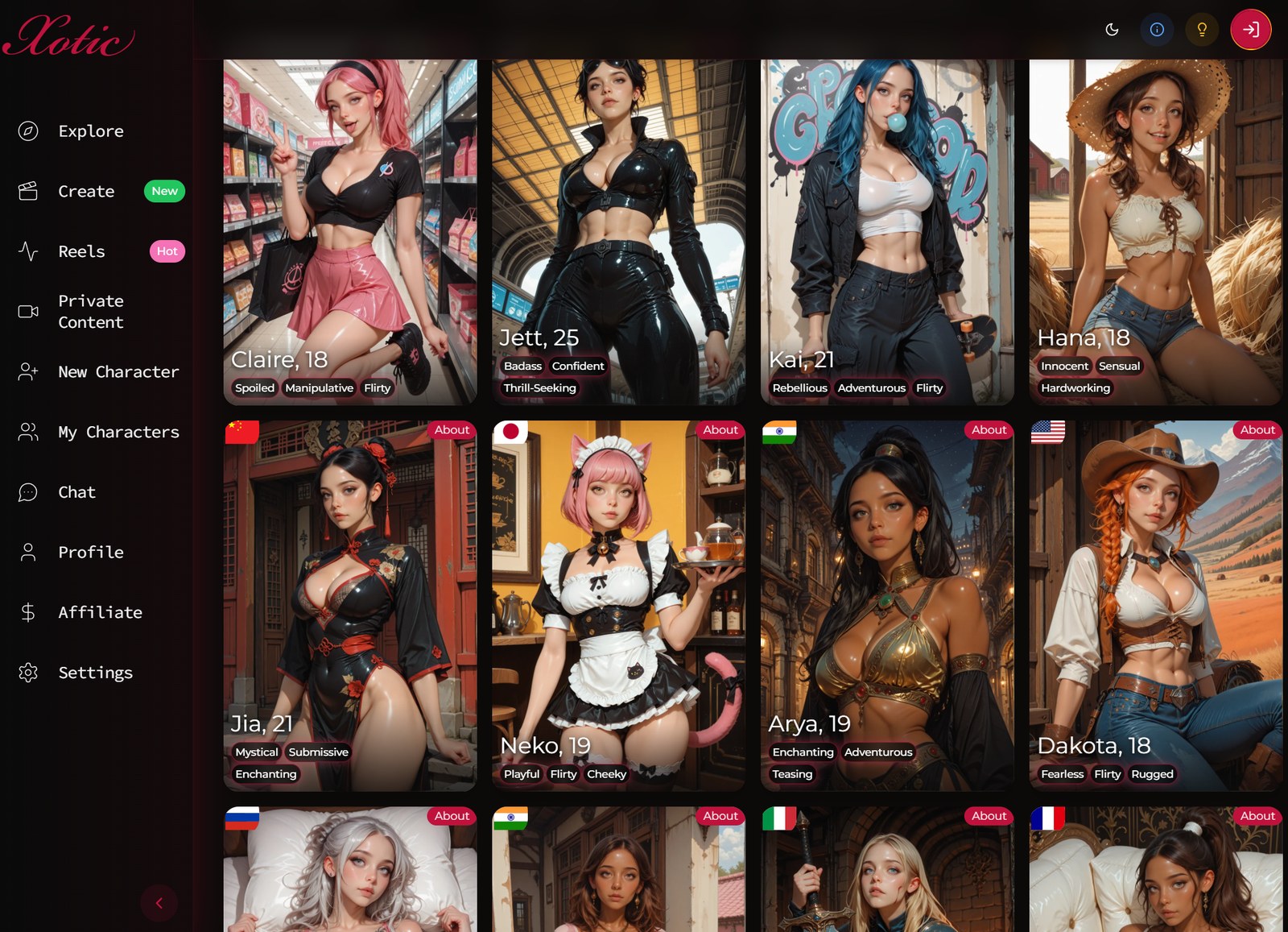 Xotic AI explore page with AI girlfriend character grid, personality tags, country flags, and left navigation